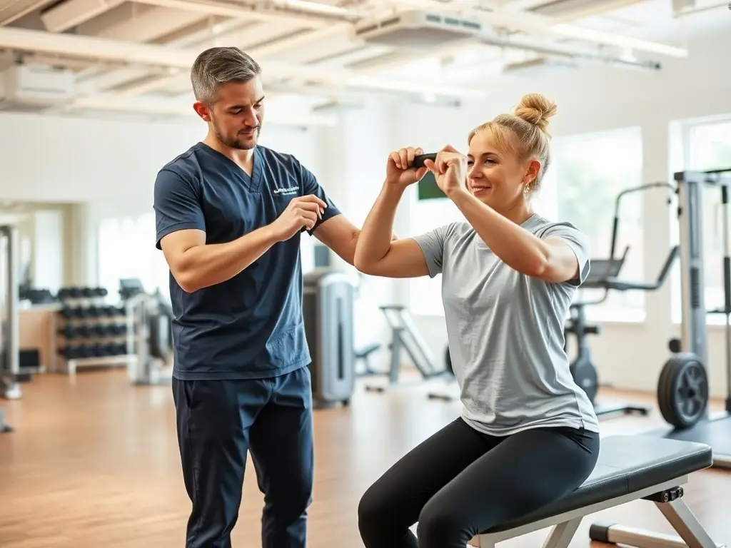 A qualified exercise physiologist working with a client in a modern, accessible gym setting, demonstrating a tailored exercise program. The physiologist is providing guidance and support, ensuring correct form and technique.