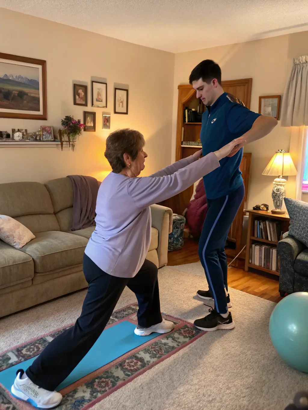A therapy assistant is working with a client in their home, adapting exercises to suit the client's specific needs and home environment.
